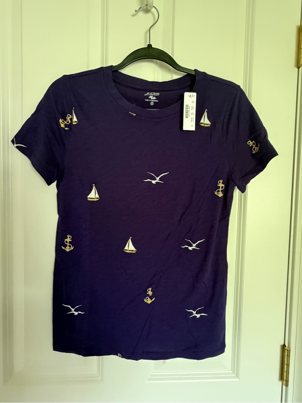 J. Crew Purple Short-Sleeve Nautical Embroidered Tee